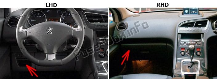 The location of the fuses in the passenger compartment: Peugeot 5008 (2009-2016)