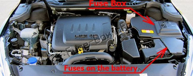 The location of the fuses in the engine compartment: Peugeot 508 (2011-2017)