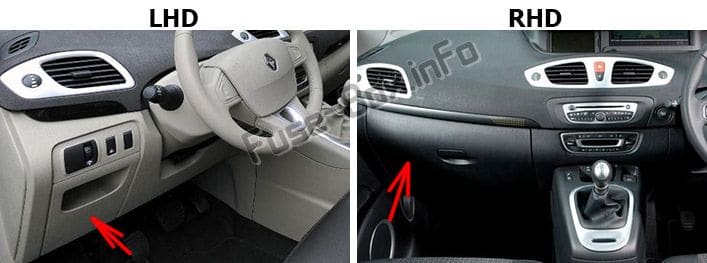 The location of the fuses in the passenger compartment: Renault Scenic III (2010-2016)