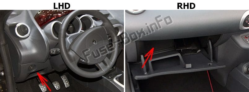 The location of the fuses in the passenger compartment: Renault Wind Roadster (2010-2013)