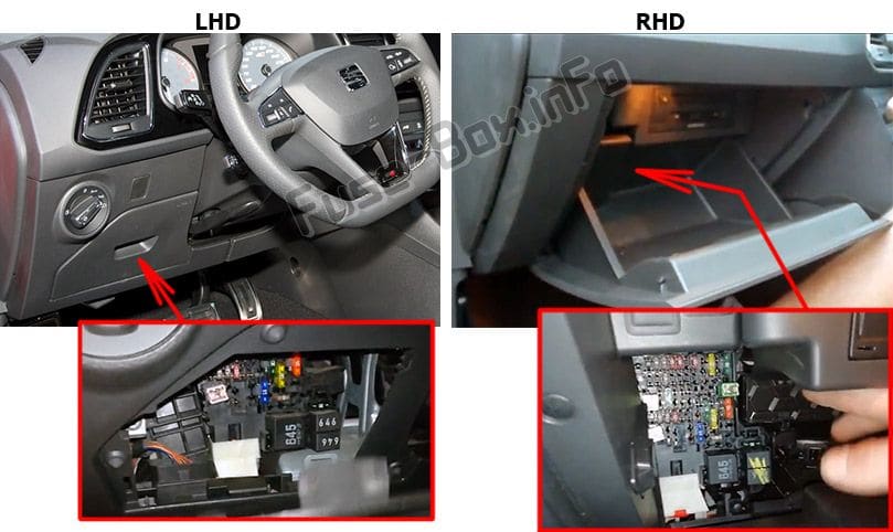 The location of the fuses in the passenger compartment:SEAT Leon (2013-2018)