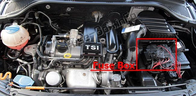 The location of the fuses in the engine compartment: SEAT Toledo (2012, 2013, 2014, 2015)