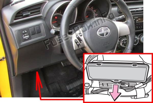 The location of the fuses in the passenger compartment: Scion tC (2011-2016)