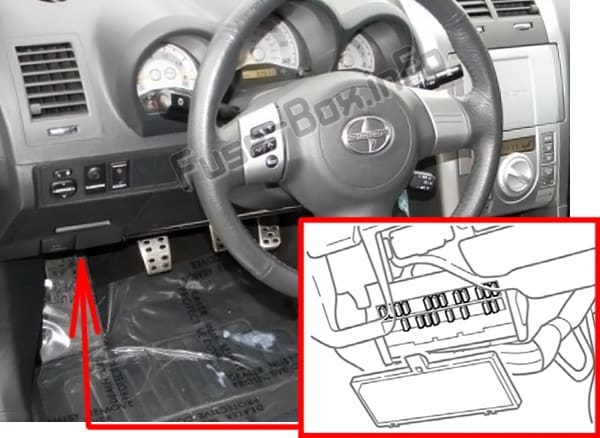 The location of the fuses in the passenger compartment: Scion tC (ANT10; 2005-2010)
