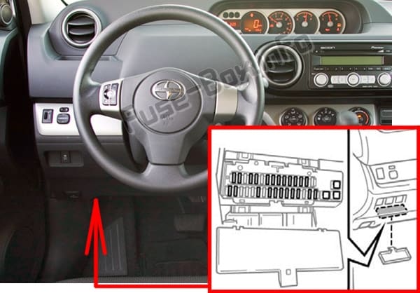 The location of the fuses in the passenger compartment: Scion xB (2007-2015)