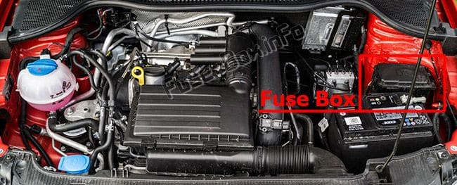 The location of the fuses in the engine compartment: SEAT Ibiza (2016, 2017)