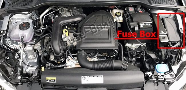 The location of the fuses in the engine compartment: SEAT Ibiza (2017, 2018-...)