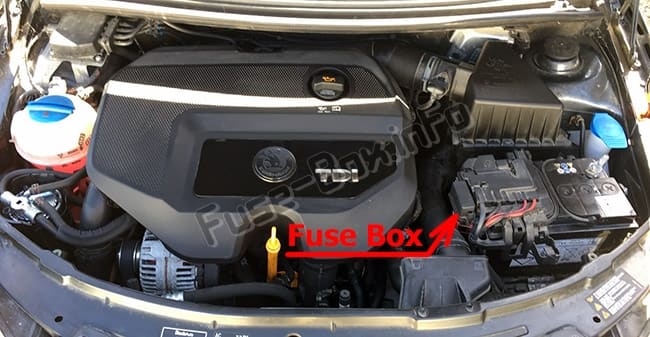 The location of the fuses in the engine compartment: Skoda Fabia (Mk2/5J; 2007-2014)