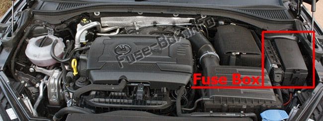The location of the fuses in the engine compartment: Skoda Octavia (2017, 2018, 2019)