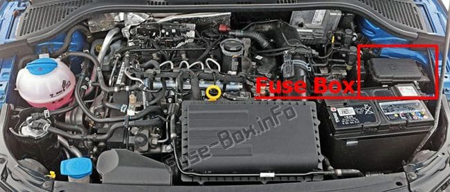 The location of the fuses in the engine compartment: Skoda Rapid (2016-2019-..)