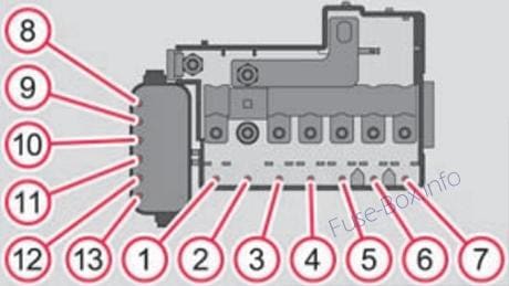 Under-hood fuse box diagram (MT, DSG): Skoda Roomster (2006-2015)