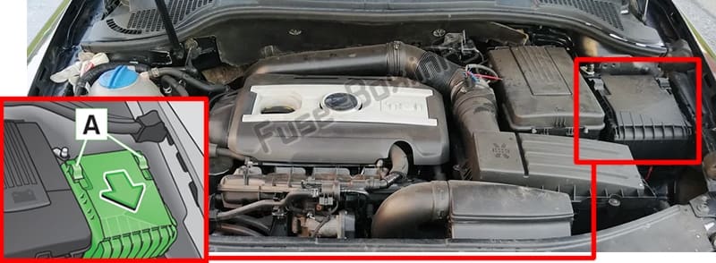 The location of the fuses in the engine compartment: Skoda Superb (B6/3T; 2008-2015)