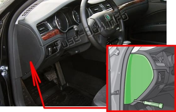 The location of the fuses in the passenger compartment: Skoda Superb (B6/3T; 2008-2015)