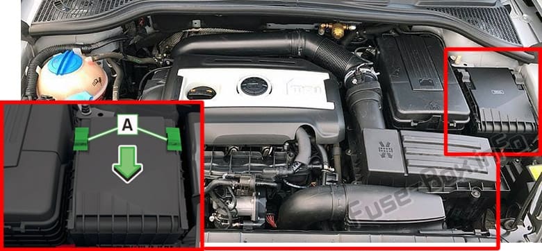 The location of the fuses in the engine compartment: Skoda Yeti (2009-2017)
