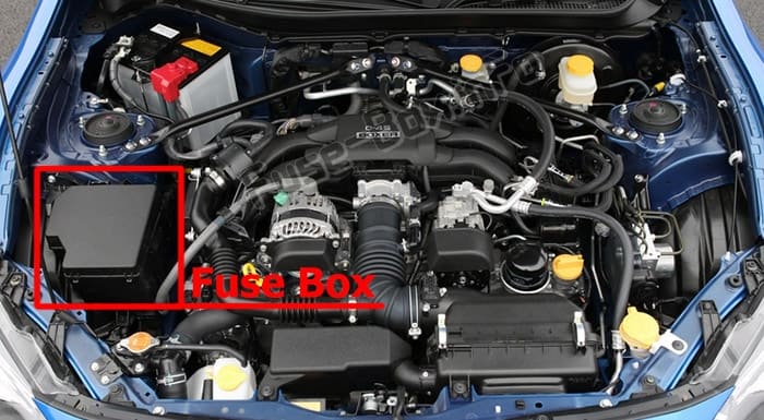 The location of the fuses in the engine compartment: Subaru BRZ (2013-2019)