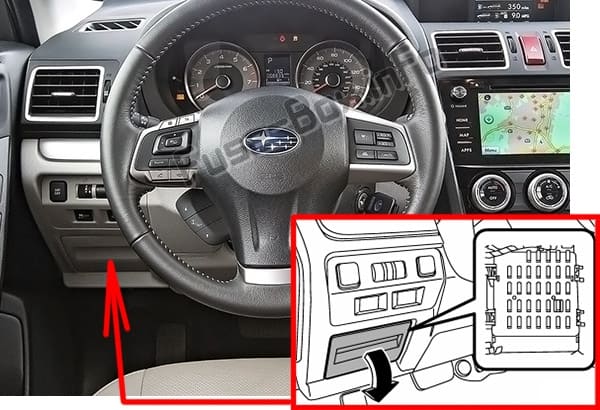 The location of the fuses in the passenger compartment: Subaru Forester (SJ; 2013-2018)