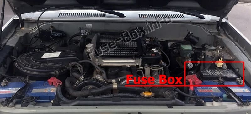 The location of the fuses in the engine compartment: Toyota Land Cruiser Prado 90