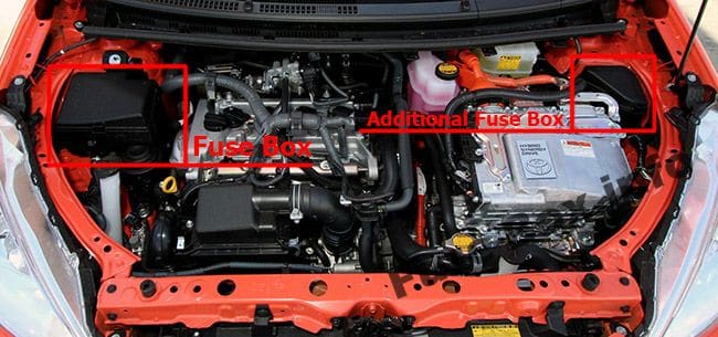 The location of the fuses in the engine compartment: Toyota Prius C (2012-2017)