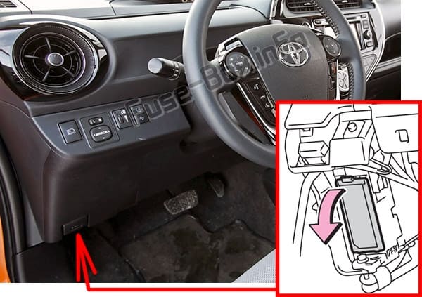 The location of the fuses in the passenger compartment: Toyota Prius C (2012-2017)