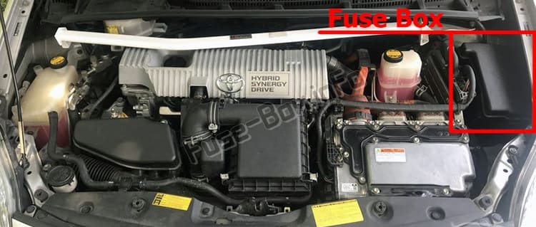 The location of the fuses in the engine compartment: Toyota Prius (XW30; 2010-2015)