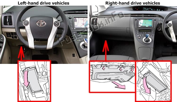 The location of the fuses in the passenger compartment: Toyota Prius (XW30; 2010-2015)