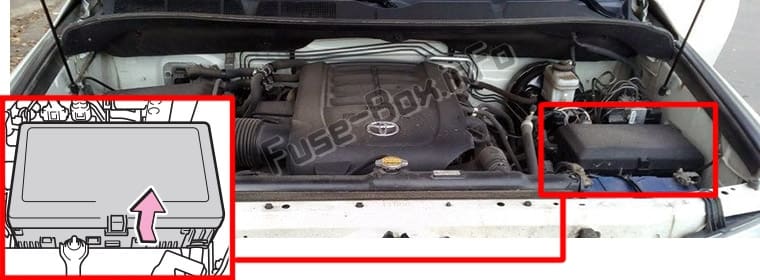 The location of the fuses in the engine compartment: Toyota Sequoia (2008-2017)