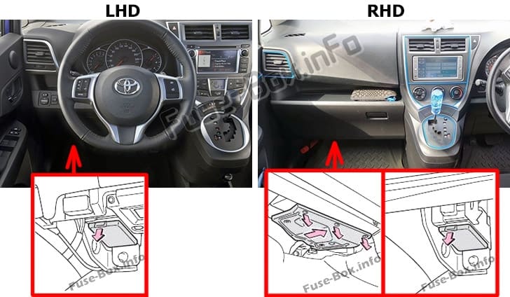 The location of the fuses in the passenger compartment: Toyota Verso-S / Racis (NCP120; 2010-2017)