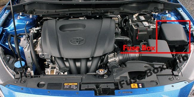 The location of the fuses in the engine compartment: Toyota Yaris iA / Scion iA (2015-2018-..)