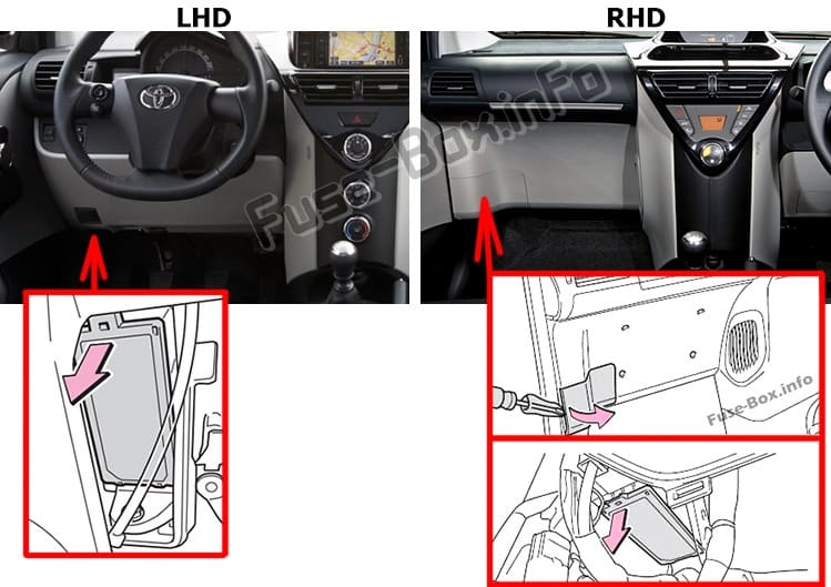 The location of the fuses in the passenger compartment: Toyota iQ / Scion iQ (2008-2015)