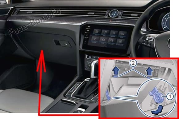 The location of the fuses in the passenger compartment (RHD): Volkswagen Arteon (2017, 2018, 2019)