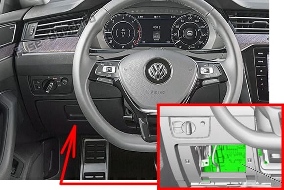 The location of the fuses in the passenger compartment (LHD): Volkswagen Arteon (2017, 2018, 2019)