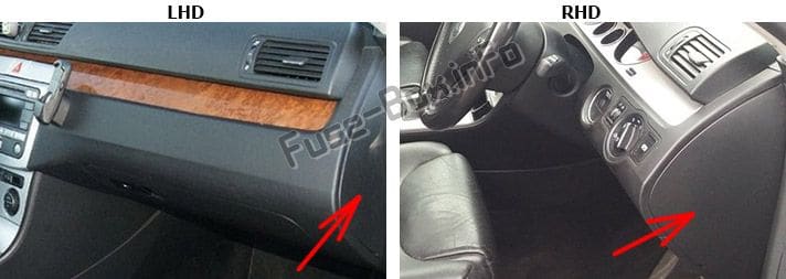 The location of the fuses in the dashboard (right): Volkswagen Passat B6 (2005-2010)