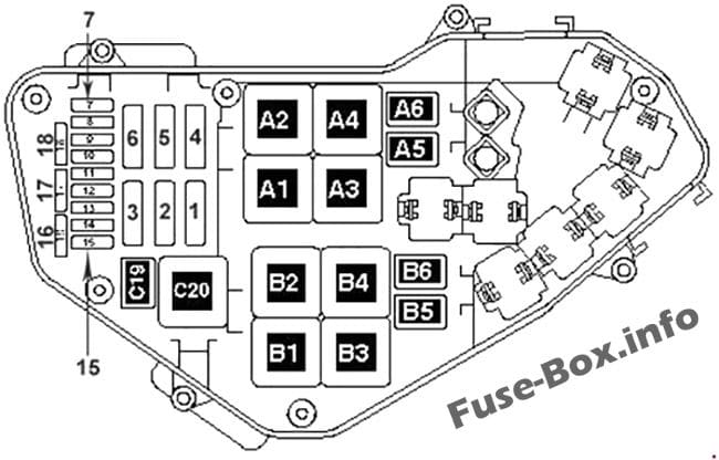 Under-hood fuse box diagram (petrol): Volkswagen Touareg (2002, 2003, 2004, 2005)